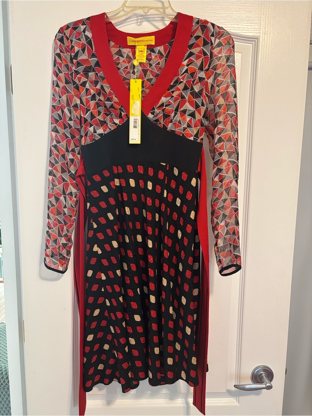 Catherine Malandrino Black, Red & Cream Geometric Long-Sleeve Dress